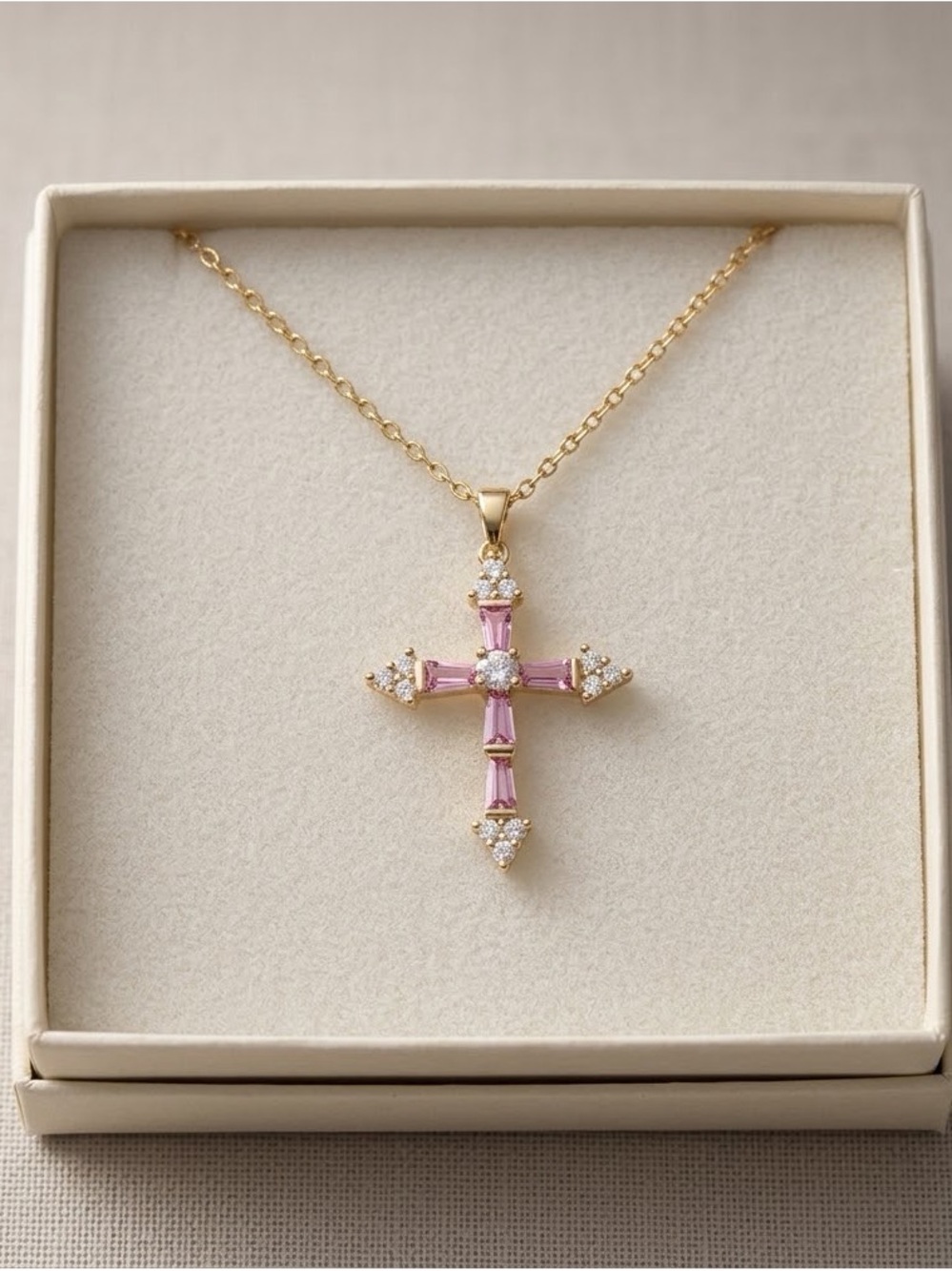 Gold-Tone Cross Necklace with Pink Baguette Stones
